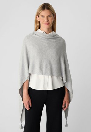 Hellgrauer, gestrickter Poncho mit lockerer Passform, runder Halslinie und strukturiertem Finish, mit einer Quastendetail am spitzen Saum.