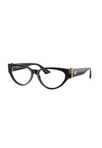 Occhiali cat-eye neri con finitura lucida. Presentano dettagli in metallo dorato. La montatura ha una forma audace e angolare con bordi pronunciati.