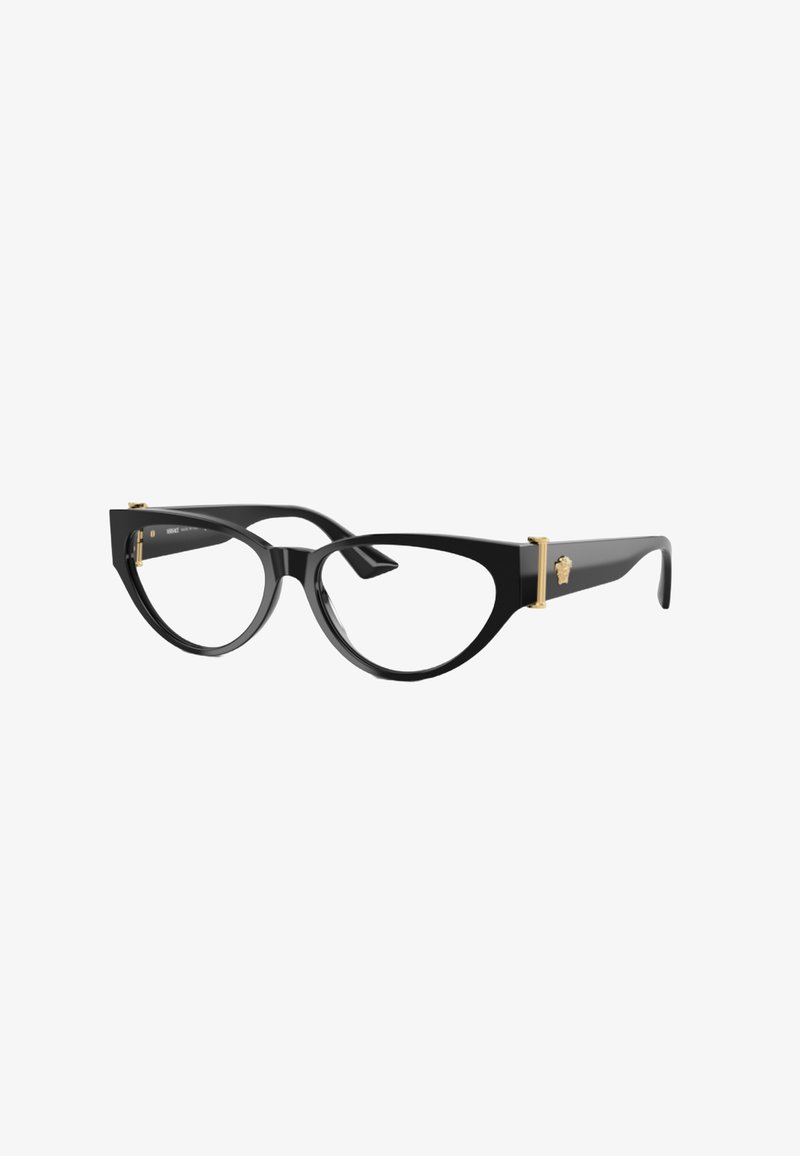 Occhiali cat-eye neri con finitura lucida. Presentano dettagli in metallo dorato. La montatura ha una forma audace e angolare con bordi pronunciati.