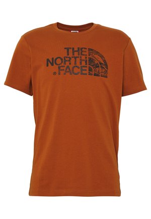 T-shirt à manches courtes couleur rouille avec logo noir "The North Face" et graphique demi-dôme centrés sur la poitrine.