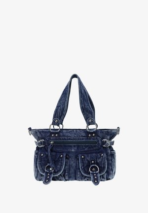 Jeans håndtaske i mørkeblå med tekstureret overflade, dobbelte håndtag, sølvhardware, centralt lynlåslomme og frontplisserede lommer.