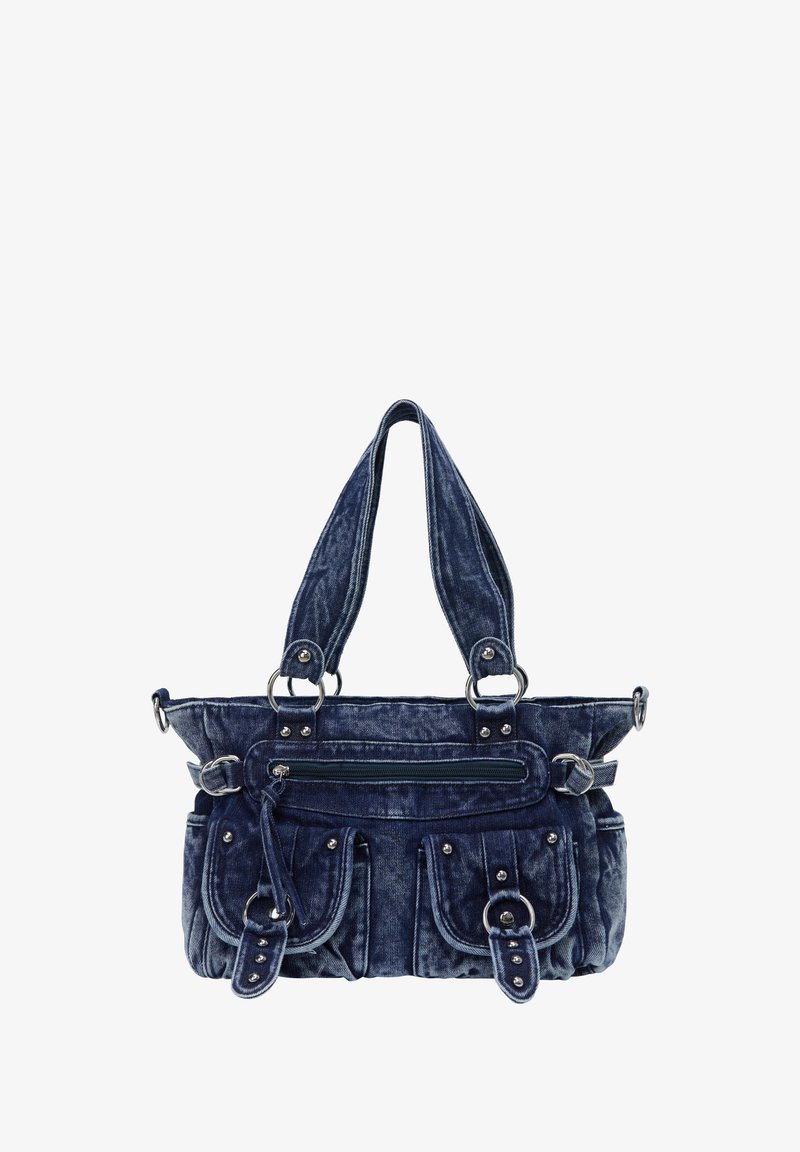 Geantă din denim de culoare albastru închis, cu suprafață texturată, mânere duble, accesorii din metal argintiu, compartiment central cu fermoar și buzunare pliate în față.