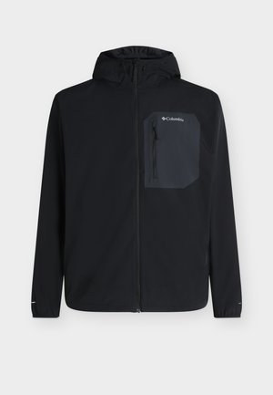 Μαύρο μπουφάν Columbia με κουκούλα, πλήρης φερμουάρ μπροστά και τσεπάκι στο στήθος με φερμουάρ στην αριστερή πλευρά, πάνω σε απλό φόντο.