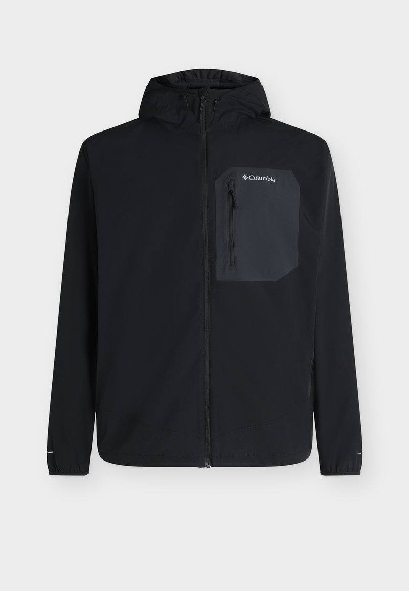 Μαύρο μπουφάν Columbia με κουκούλα, πλήρης φερμουάρ μπροστά και τσεπάκι στο στήθος με φερμουάρ στην αριστερή πλευρά, πάνω σε απλό φόντο.