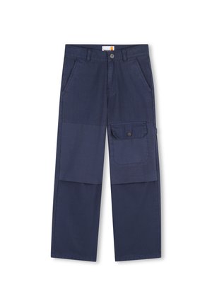 Marineblauwe cargobroek met een losse pasvorm, voorzien van twee voorzakken en een zijzak met een knoop, gemaakt van duurzaam katoenen stof.