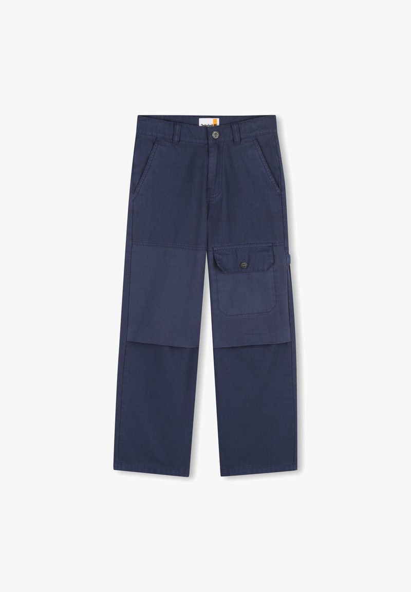 Pantalon cargo bleu marine à coupe décontractée, doté de deux poches avant et d'une poche latérale avec un bouton, fabriqué en tissu de coton durable.