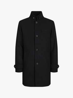 Melnas vilnas maisījuma mēteles ar augstu apkakli, priekšējo pogu aizdari, divām sānu kabatām un vienu krūšu kabatu. Piedāvā piedurkņu detalizāciju.