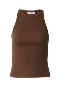 Bruine geribbelde tanktop met een hoge halslijn en mouwloos ontwerp. Heeft een strakke pasvorm en een gladde textuur. Merklabel aan de binnenkant.