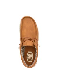 Braune Lederschuhe mit abgerundetem Zehenbereich, Gummisohle und kontrastierendem gemustertem Innenfutter. Verfügt über ein einfaches Schnürsystem.