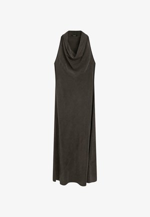 Ärmelloses dunkelbraunes Maxikleid mit einem drapierten Wasserfallausschnitt und einer geraden, fließenden Silhouette.