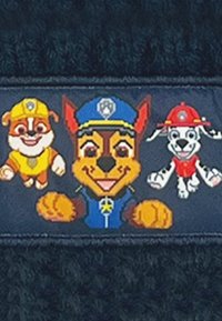 Parche de tela colorido que presenta tres perros de dibujos animados: uno marrón y amarillo, uno marrón con uniforme azul y uno blanco con gorro rojo, sobre un fondo oscuro.