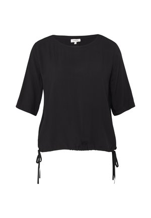 Blouse noire à manches courtes avec encolure ronde et cordons réglables de chaque côté de l'ourlet.