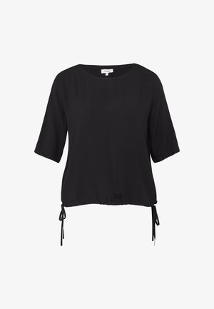 Czarna bluzka z krótkim rękawem, okrągłym dekoltem i regulowanymi sznurkami po obu stronach dołu.