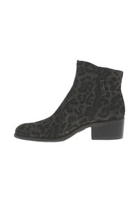 Bottine en suède noir au motif léopard, fermeture éclair sur le côté, bout arrondi et petit talon épais. Le tissu texturé ajoute de l'intérêt visuel.