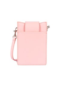 Sac bandoulière en cuir rose de forme rectangulaire, avec un rabat supérieur structuré et une sangle d'épaule amovible.