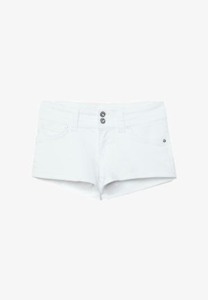 Biele denimové šortky s dvojitými prednými gombíkmi, pútkami na opasok a prednými aj zadnými vreckami.