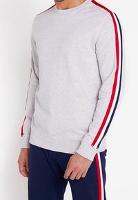 Sudadera gris de manga larga con rayas rojas y azul marino a lo largo de las mangas. Tejido suave con cuello redondo y puños acanalados.