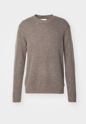 Brown, knitted sweater with a crew neckline, long sleeves, and ribbed cuffs and hem, featuring a soft, textured finish.