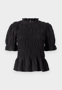 Svart topp med smock-detaljer, korte puffermer og volangkant. Rund hals med en nøkkelhullåpning bak. Teksturert stoff.