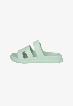 Chanclas de goma verde claro con dos correas anchas, diseño con cortes para ventilación y suela texturizada para un buen agarre.