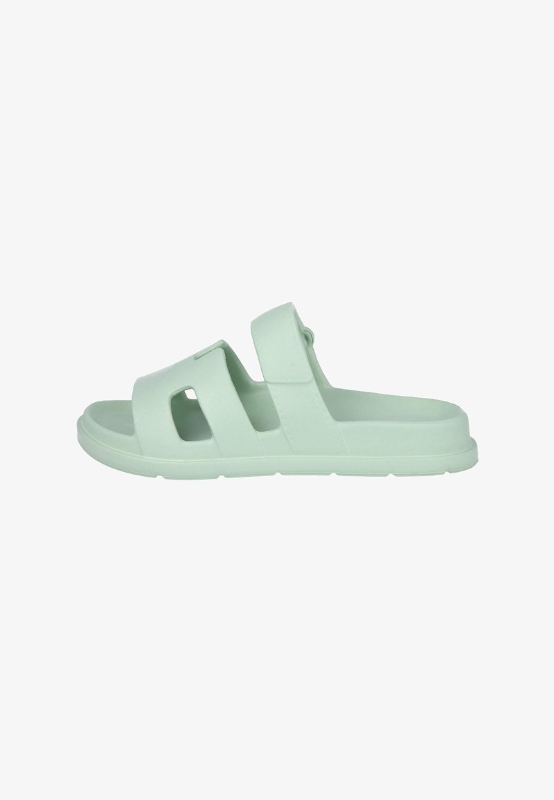 Chanclas de goma verde claro con dos correas anchas, diseño con cortes para ventilación y suela texturizada para un buen agarre.