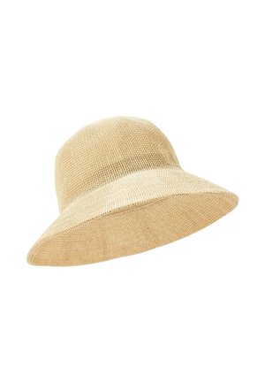 Chapeau de soleil tissé beige clair avec un large bord légèrement évasé, conçu pour la protection solaire en extérieur.