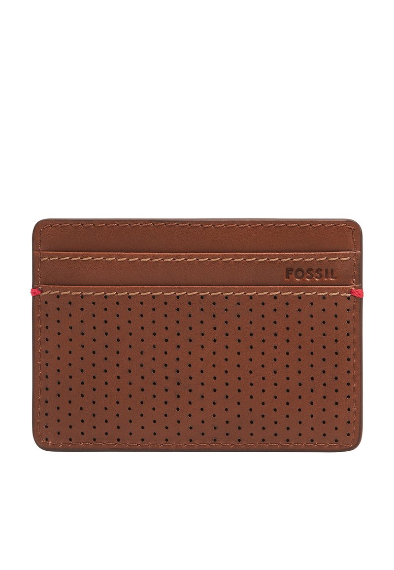 Portafoglio in pelle marrone con design perforato, quattro scomparti per carte, cuciture a contrasto e cuciture rosse. Logo del marchio impresso.
