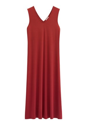 Ärmelloses, knielanges rotes Kleid mit V-Ausschnitt und einfachem, gerade geschnittenem Design aus glattem Stoff.