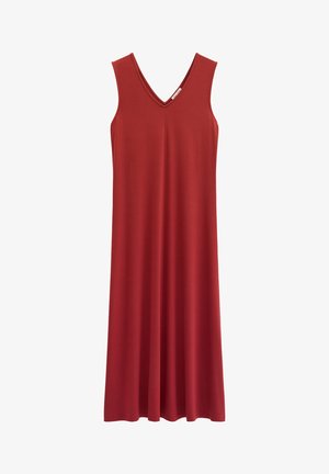 Ärmelloses, knielanges rotes Kleid mit V-Ausschnitt und einfachem, gerade geschnittenem Design aus glattem Stoff.