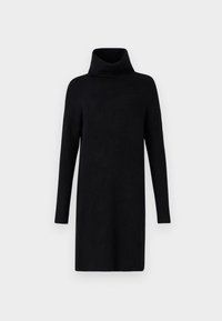 Robe noire à manches longues en tricot côtelé. Dotée d'un col montant et d'une silhouette droite, elle offre une coupe décontractée.