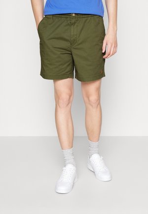 Shorts verts khaki en coton, munis d'une taille élastique, de deux poches latérales et d'un petit logo sur l'ourlet.