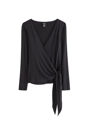 Svart omlottopp i mjukt tyg, med långa ärmar, V-ringning och knytning i midjan.