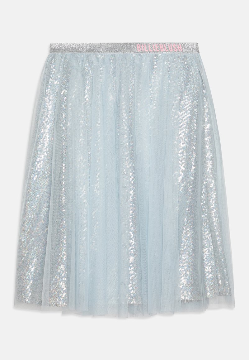 Világoskék tüll szoknya csillogó flitterekkel. Ezüst színű, rugalmas derékpánttal rendelkezik, rajta rózsaszín "BILLEBLUSH" felirattal. Puha, réteges textúrájú.