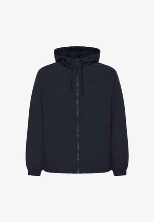 Musta lukuga kapuutsiga jope, millel on nöörid, elastsed mansetid ja küljetaskud, kujutatud valgel taustal.