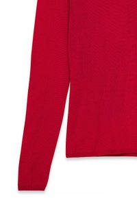 Roter langärmliger Strickpullover mit glatter Textur, figurbetontem Schnitt und gerippten Bündchen. Einfaches Design, ohne Muster oder zusätzliche Verzierungen.