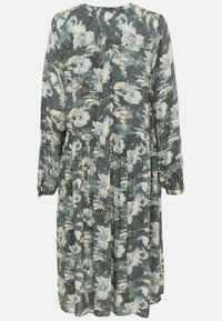 Langærmet kjole i knælængde med blomstermønster i grønne, hvide og gule nuancer. Lavet af letvægtsstof med plisseret design.