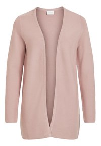 Světle růžový svetr s žebrovanou strukturou, otevřený vpředu a s dlouhými rukávy. Má volný střih a minimální detaily.