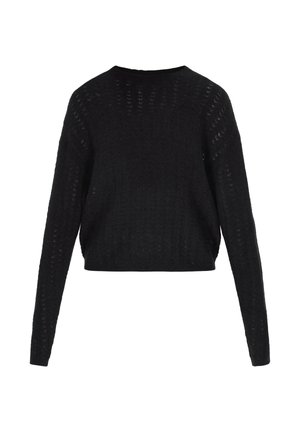 Musta neulottu pusero pitkillä hihoilla, pyöreällä pääntiellä ja lyhyellä mallilla. Sisältää avoimen neulekuvion, joka parantaa ilmanvaihtoa.