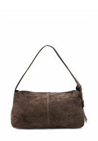 Brązowa zamszowa torebka na ramię o płaskim kształcie, z regulowanym paskiem i subtelnymi detalami w postaci przeszyć. Miękka faktura i minimalistyczne akcenty z metalowych elementów.