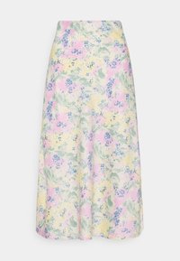 Gekleurde midi-jurk met een vloeiende uitstraling in pasteltinten. Heeft een lichte stof met een levendig bloemenpatroon in roze, geel en blauwe tinten.