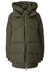 Chaqueta de plumas acolchada en verde oliva oscuro, con un cuello alto, cremallera completa, puños acanalados y una silueta cuadrada.