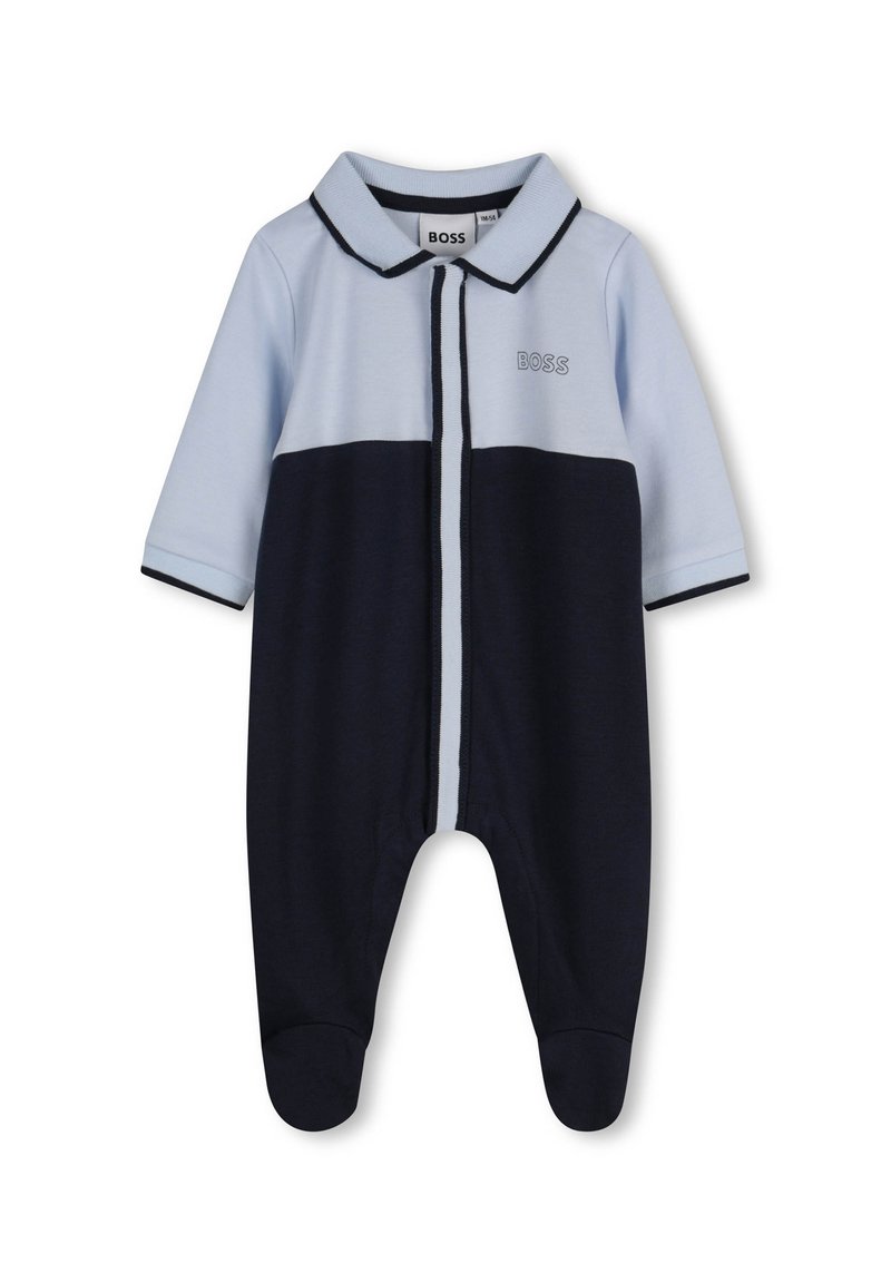 Blue and navy onesie with short sleeves, polo collar, and front snap closure. Features contrasting colors and embroidered "BOSS" logo.