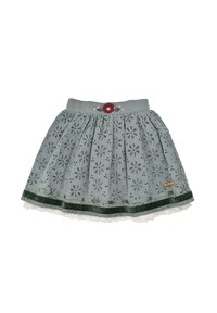 Grauer Baumwollrock mit floralen Stickereien, Lochmusterdetails, gestuftem Design, grünem Samtbesatz und Spitze am Saum.