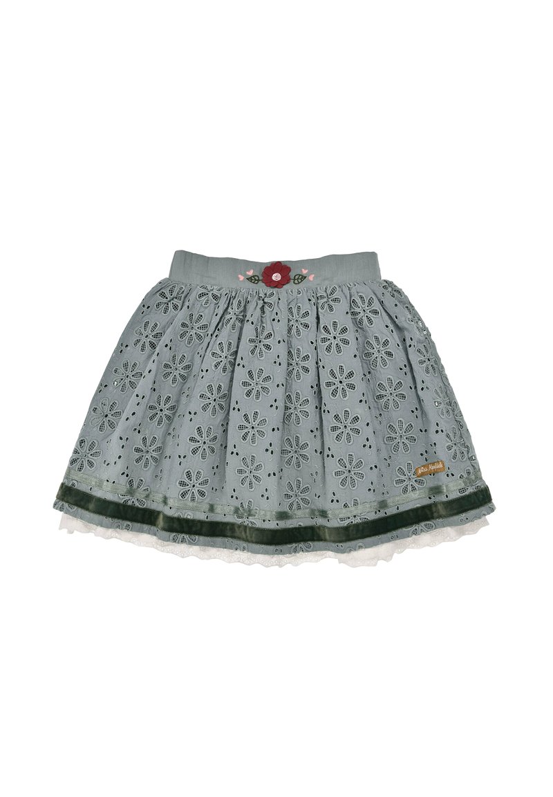 Grauer Baumwollrock mit floralen Stickereien, Lochmusterdetails, gestuftem Design, grünem Samtbesatz und Spitze am Saum.