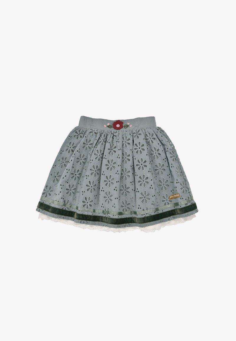 Gray cotton skirt with floral embroidery, eyelet detailing, tiered design, green velvet trim, and lace at the hem.