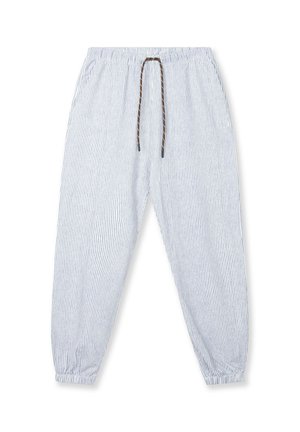 Pantalon de jogging à rayures verticales bleu clair et blanc avec ceinture élastique, cordon marron, poches latérales et bas élastiques.