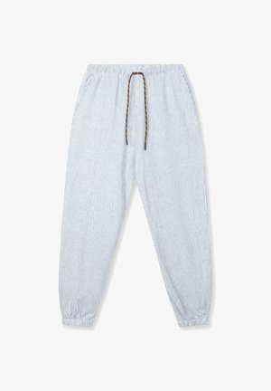 Pantalon de jogging à rayures verticales bleu clair et blanc avec ceinture élastique, cordon marron, poches latérales et bas élastiques.