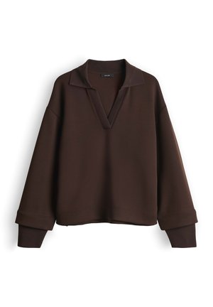 Dunkelbrauner Langarm-Pullover mit gerippten Bündchen, offenem V-Ausschnitt und legerer Passform.