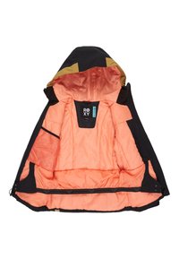 Zwarte jas met een capuchon, voorzien van een oranje voering, een logo tag en mesh zakken. Glad buitenmateriaal met een gestructureerd ontwerp.
