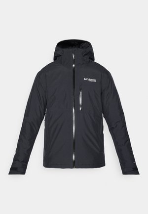 Black insulated jacket with a zip front, adjustable hood, and contrasting zippers. Features a chest pocket and snug cuffs for warmth.